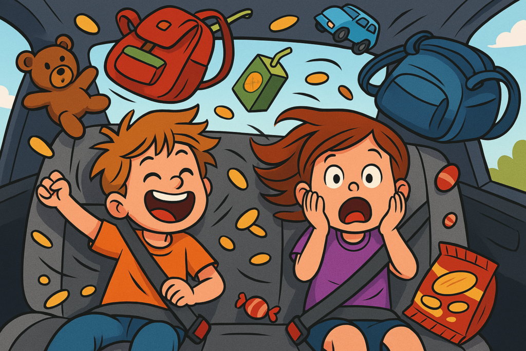 To børn i kaotisk bil på vej på ferie med snacks, legetøj og tasker flyvende omkring dem – humoristisk illustration til blogindlæg om lange køreture med børn.  