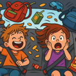 To børn i kaotisk bil på vej på ferie med snacks, legetøj og tasker flyvende omkring dem – humoristisk illustration til blogindlæg om lange køreture med børn.