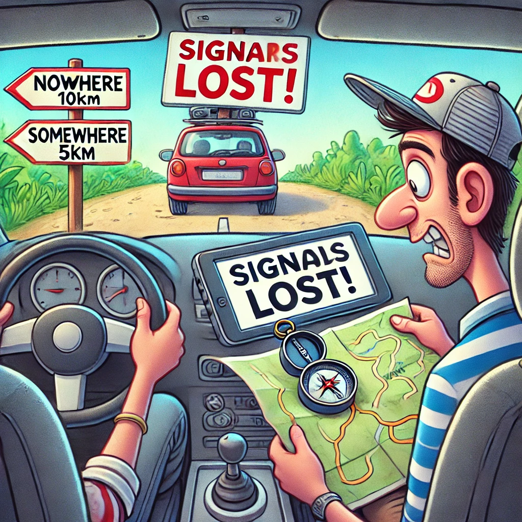 Sjov illustration af en bil, hvor GPS'en viser 'No Signal!', mens føreren forvirret kigger på et papirkort. Passageren holder et kompas på hovedet og ser endnu mere forvirret ud. Udenfor bilen ses et humoristisk vejskilt med teksten 'Lost? Just Keep Driving!' og 'Turn Back Before It’s Too Late.'"
