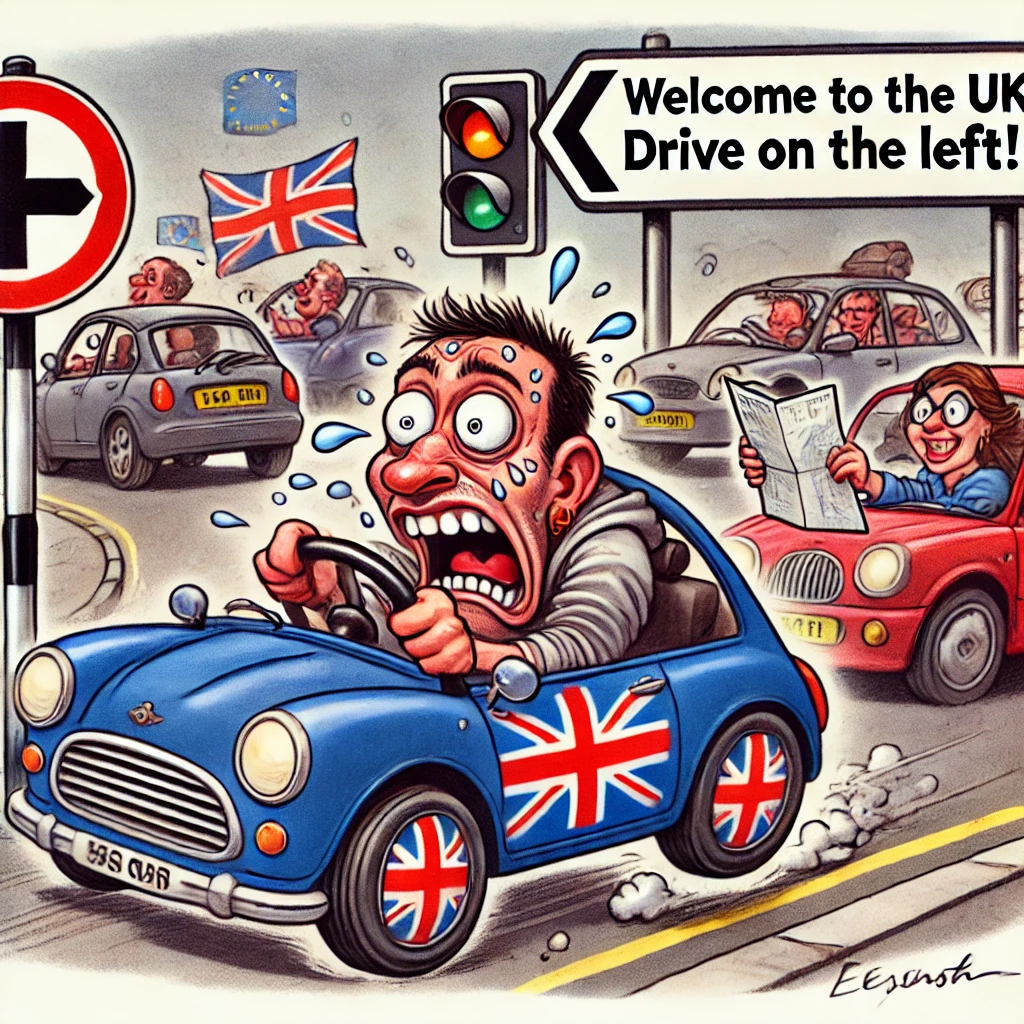 Sjov illustration af en panikslagen bilist, der forsøger at køre i venstre side i England. Chaufføren sveder, mens en passager holder et kort på hovedet. Et vejskilt siger ‘Welcome to the UK – Drive on the Left!’, mens andre bilister dytter. En humoristisk gengivelse af den klassiske udfordring ved venstrekørsel.