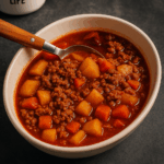 Skål med Camping Picadillo – krydret one pot-ret med oksekød, kartofler og gulerødder serveret på campingbord