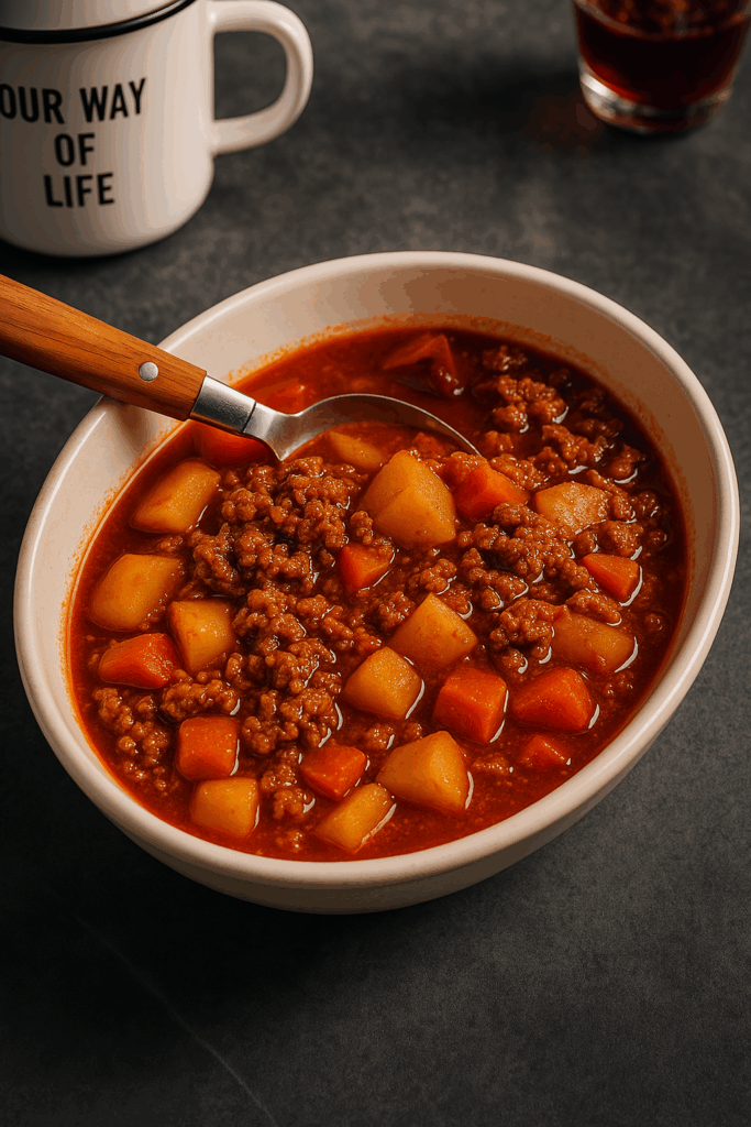 Skål med Camping Picadillo – krydret one pot-ret med oksekød, kartofler og gulerødder serveret på campingbord