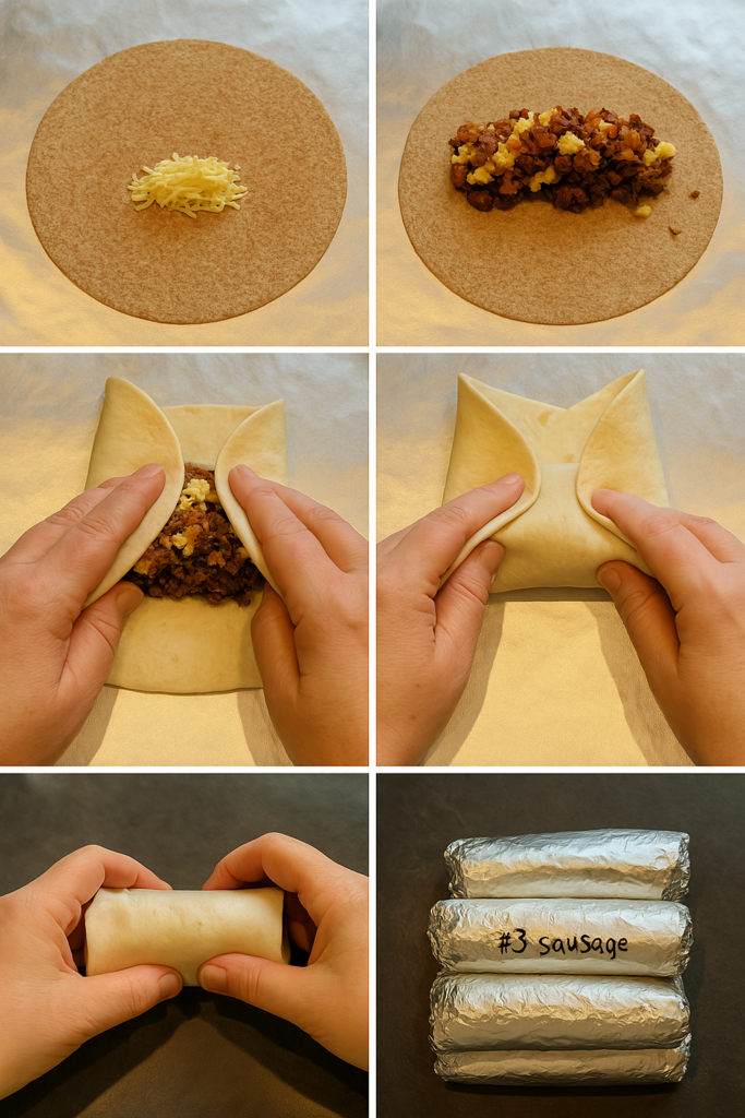 Trin-for-trin collage med billeder der viser, hvordan man samler og pakker en morgenmadsburrito med ost, kød, æg, bacon og kartofler – klar til fryseren og camping