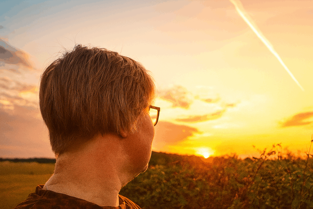 Hvordan får man råd til ferie med børn. Person kigger mod solnedgangen – en stille refleksion over. hvordan man får råd til ferie med børn. Vælger oplevelser frem for materielle ting.
