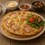 Salte hollandske pandekager med skiver af skinke og smeltet ost, serveret med frisk rucola og cherrytomater – klassisk fyld inspireret af Efteling