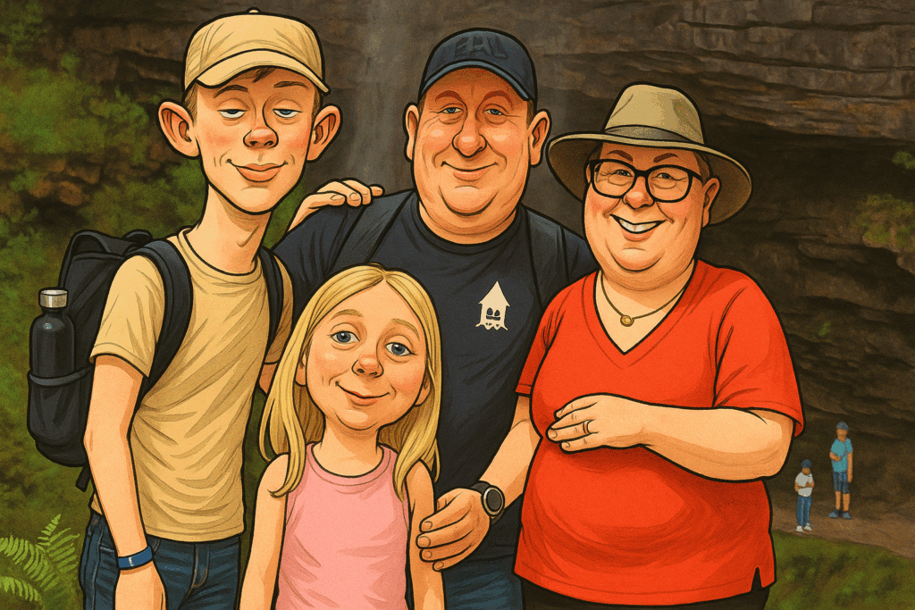 Sjov karikatur af dansk familie på campingtur, med store smil og overdrevne ansigtstræk foran klippevæg og grøn natur.