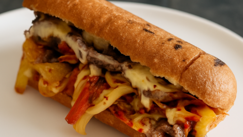 Philly steak sandwich lavet på Cadac paellapande med saftigt oksekød, smeltet ost og peberfrugt, perfekt til camping