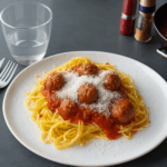 Spaghetti med kødboller serveret som nem campingmad, med krydret tomatsauce og friskrevet parmesan på en tallerken..